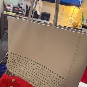 Bath & Body Works Elegant Cream Tote with Green Pattern